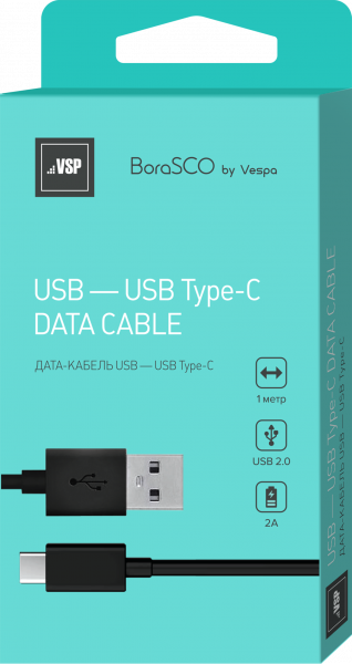 Дата-кабель BoraSCO USB - Type C, 2А 1м, черный фото 2