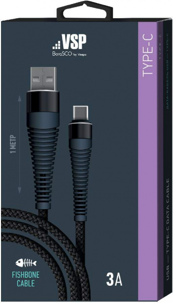 Дата-кабель BoraSCO USB - Type C, 3А, 1м, Fishbone, в нейлоновой оплетке, витой, черный фото 2