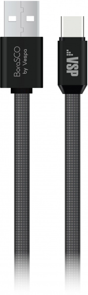 Дата-кабель BoraSCO USB - Type-C, 3А, 1м, металл, в нейлоновой оплетке, плоский, черный фото 1