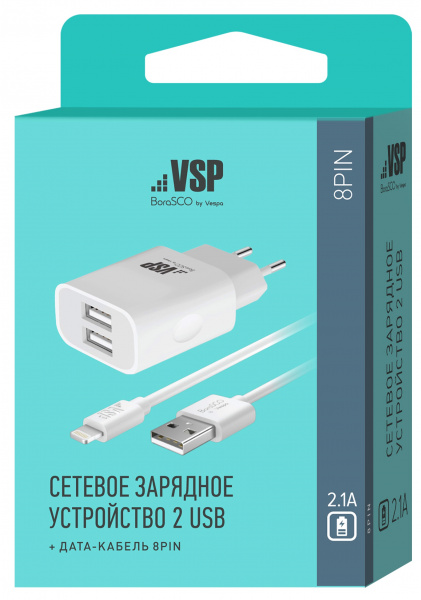 СЗУ адаптер 2 USB 2.1A + Дата-кабель 8pin 2А (100 см) белый, BoraSCO фото 1